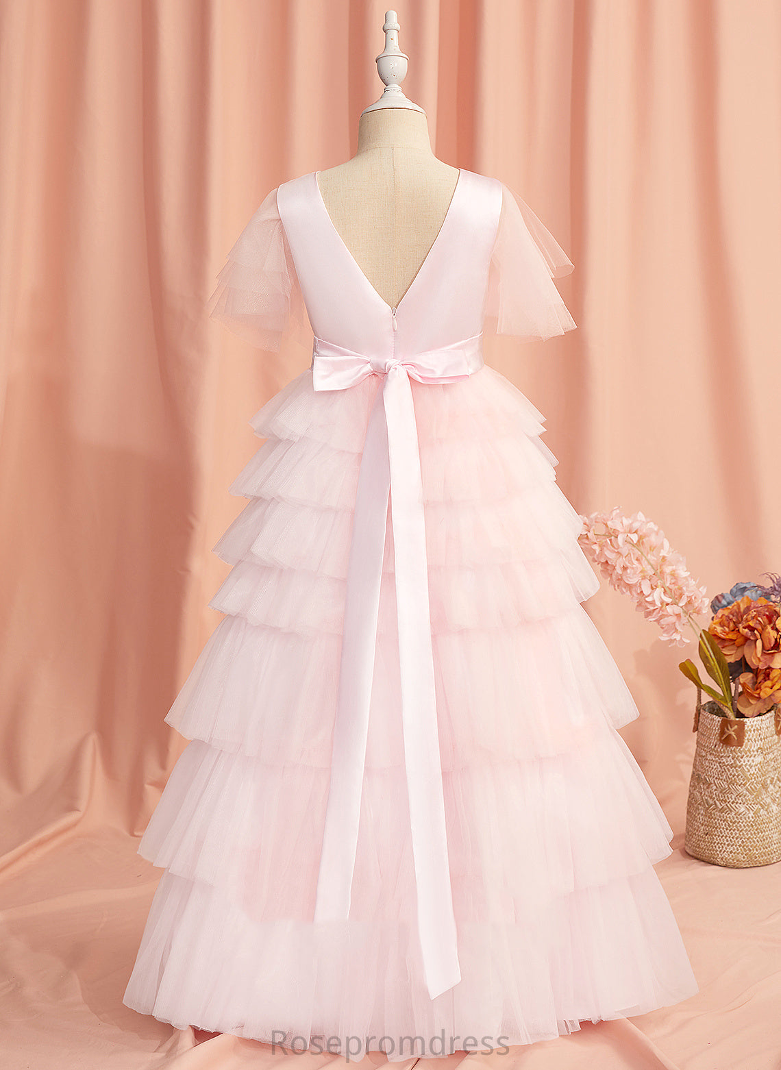 Tulle Ruffles/V Flower Girl Dresses Alessandra Neck Ball-Gown/Princess Flower Short Floor-length With Girl Back Dress Sleeves - Scoop