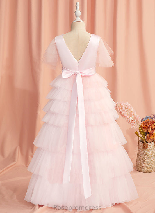 Tulle Ruffles/V Flower Girl Dresses Alessandra Neck Ball-Gown/Princess Flower Short Floor-length With Girl Back Dress Sleeves - Scoop