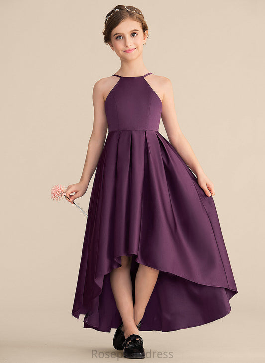 Pamela A-Line Neck Scoop Satin Ruffle Junior Bridesmaid Dresses Asymmetrical With