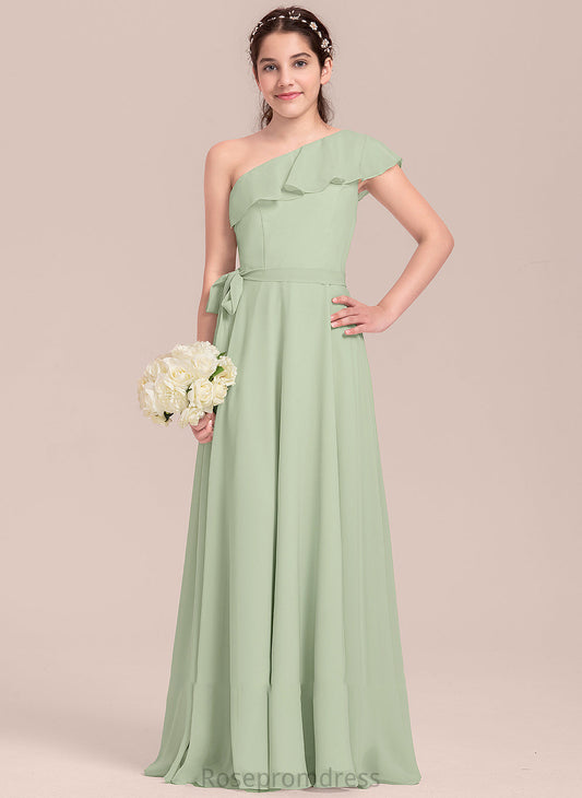 A-Line One-Shoulder Cascading Ruffles Holly Junior Bridesmaid Dresses Chiffon Floor-Length With