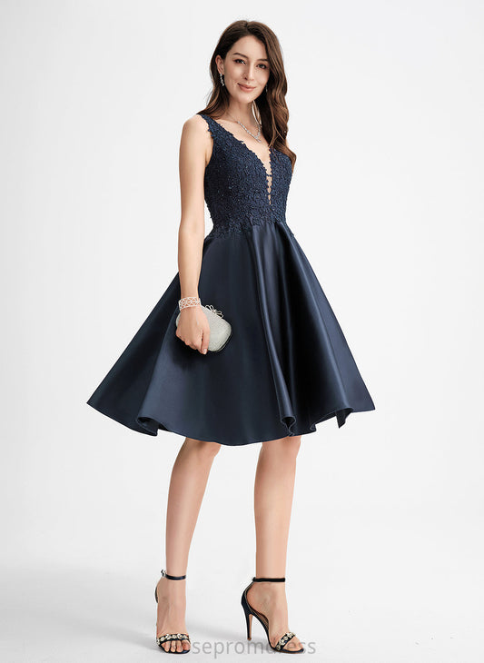 Lace Cocktail Dresses Knee-Length Beading Cocktail With V-neck A-Line Ayanna Dress Satin