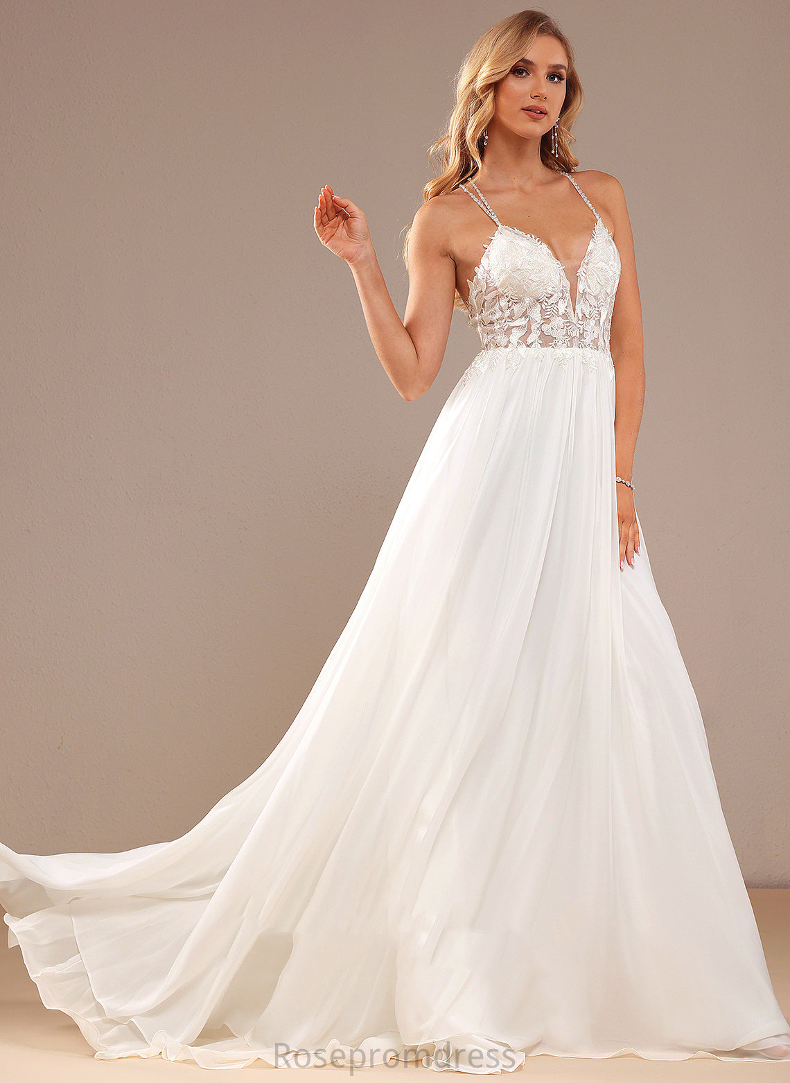 Dress Train Wedding Dresses A-Line V-neck Wedding Sequins With Beading Lace Harmony Chiffon Lace Sweep