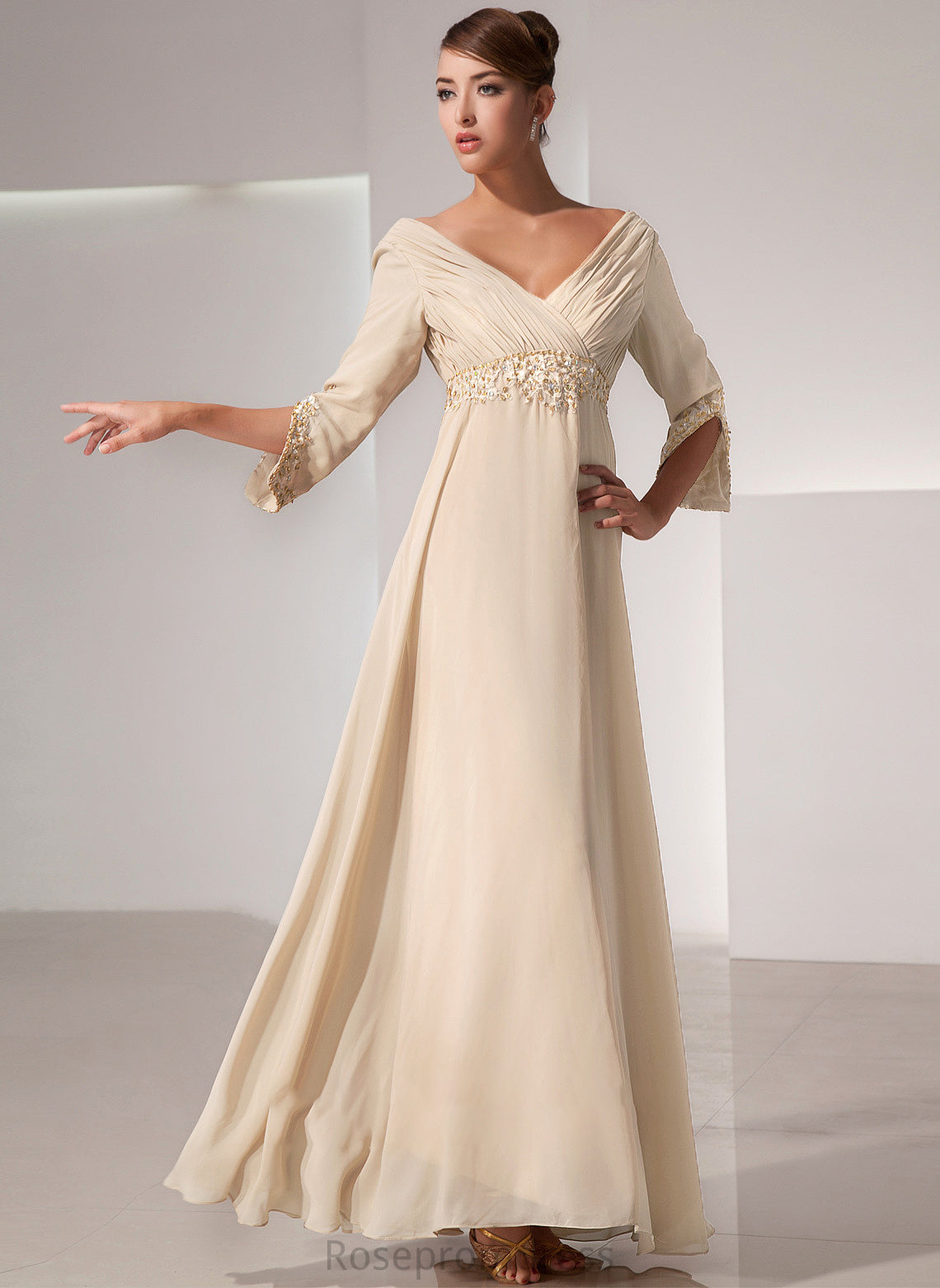 the Floor-Length Beading Chiffon Empire Bride V-neck Mother Dress Ruffle of With Anahi Mother of the Bride Dresses