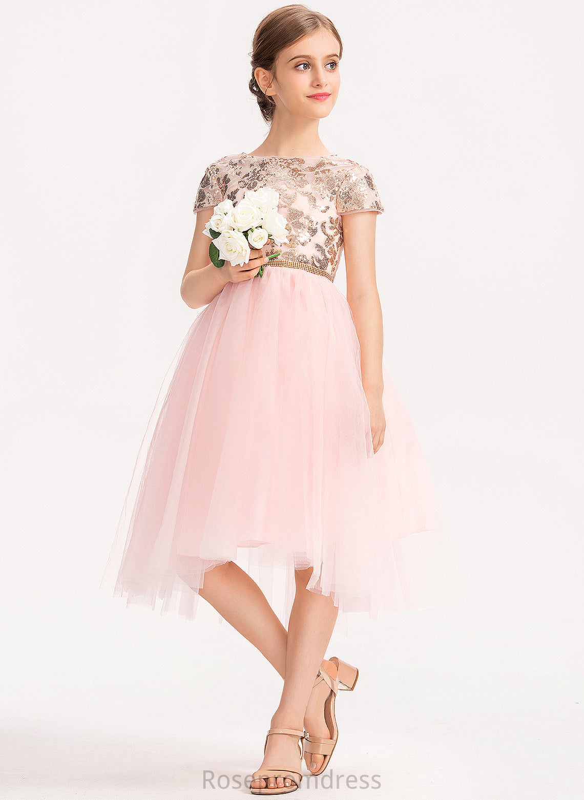 Junior Bridesmaid Dresses Tulle With A-Line Sequins Asymmetrical Elyse Neck Scoop