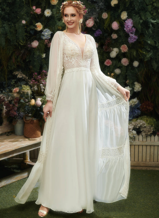 V-neck Wedding Dresses Sequins Chiffon A-Line Lace With Dress Haven Wedding Floor-Length