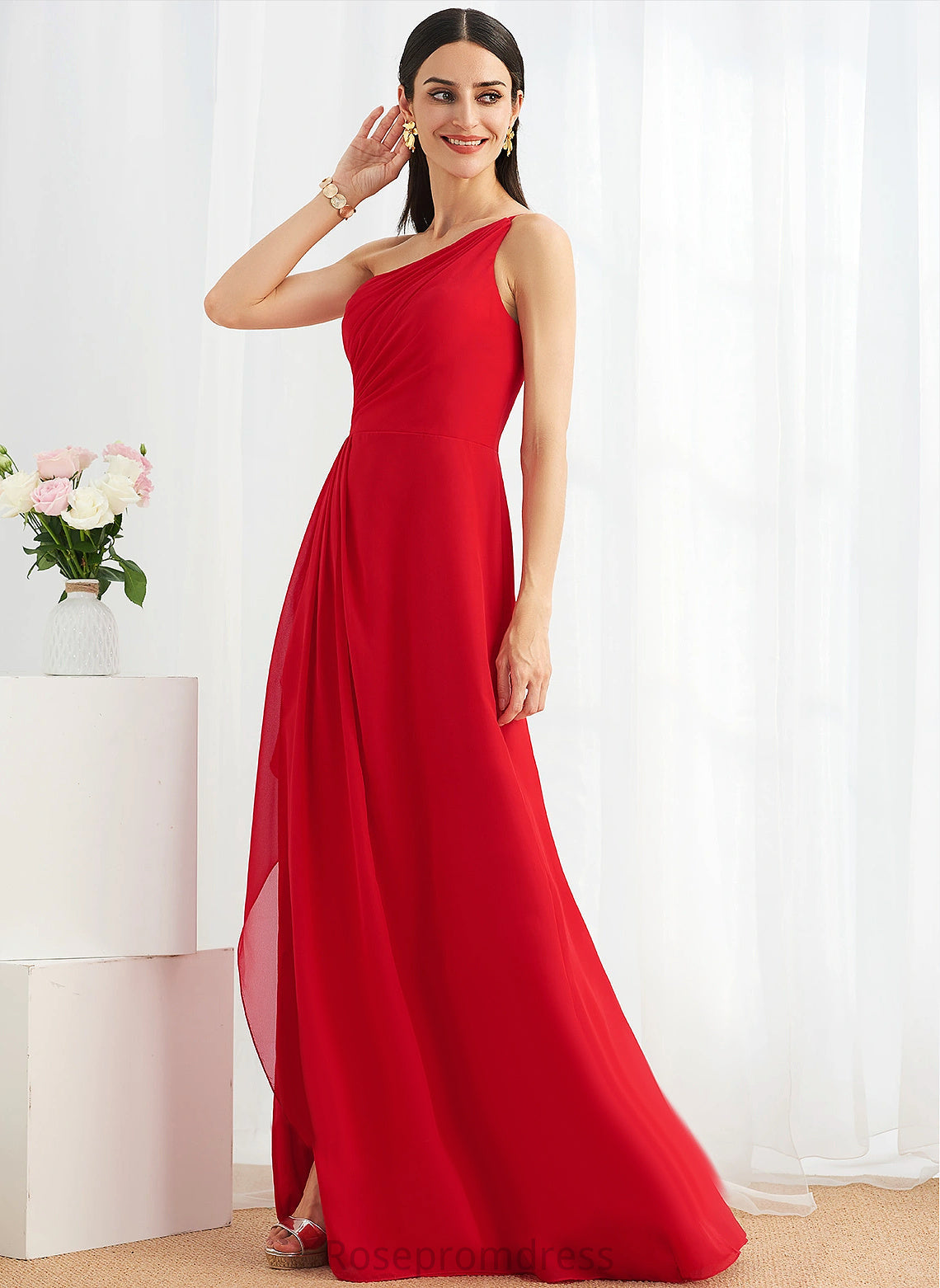 Straps&Sleeves A-line OneShoulder Fabric Silhouette Floor-Length Neckline Length Vanessa Natural Waist Floor Length Halter Bridesmaid Dresses