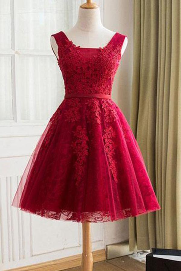 Cute A Line Red Sweetheart Lace Appliques Sleeveless Lace up Homecoming Dresses RS606