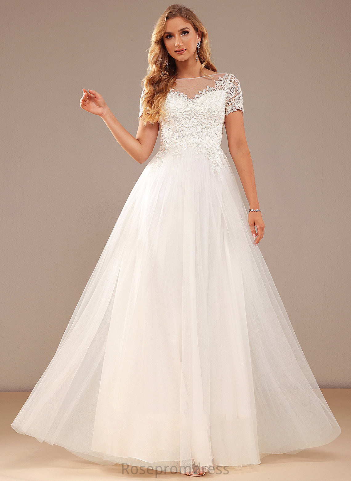 A-Line Neck Floor-Length Wedding With Scoop Sandy Lace Dress Wedding Dresses Tulle Lace