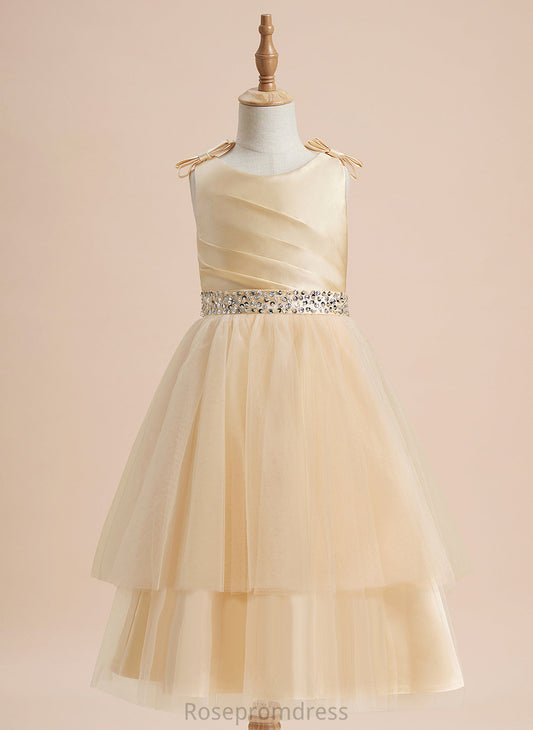 Beading/Sequins/Bow(s) Girl - Ivy Knee-length Sleeveless With Dress A-Line Satin/Tulle Flower Girl Dresses Flower Scoop Neck