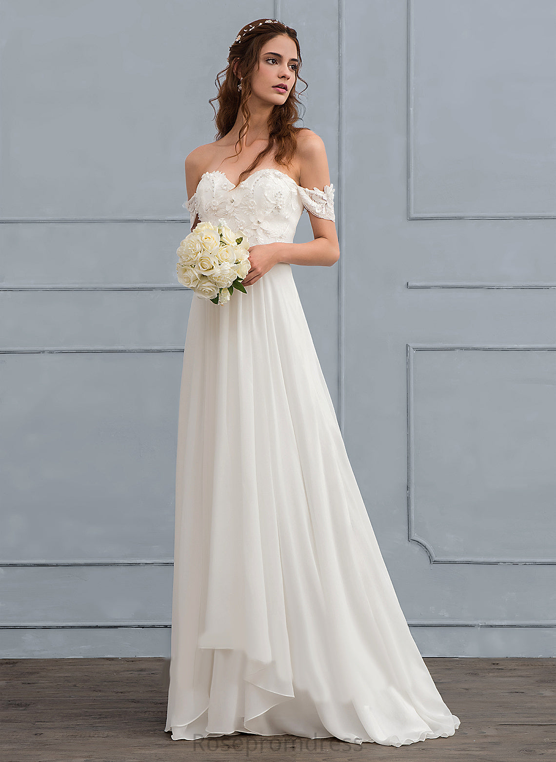 Michaelia Train Lace Flower(s) Sweep Off-the-Shoulder Wedding Dresses Dress Wedding A-Line Chiffon With Beading