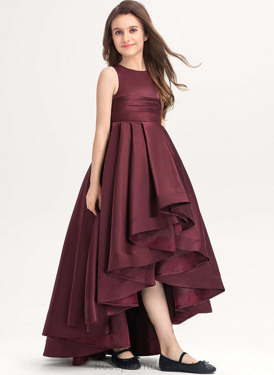 A-Line Satin Gabrielle Ruffle Scoop Junior Bridesmaid Dresses Asymmetrical With Neck