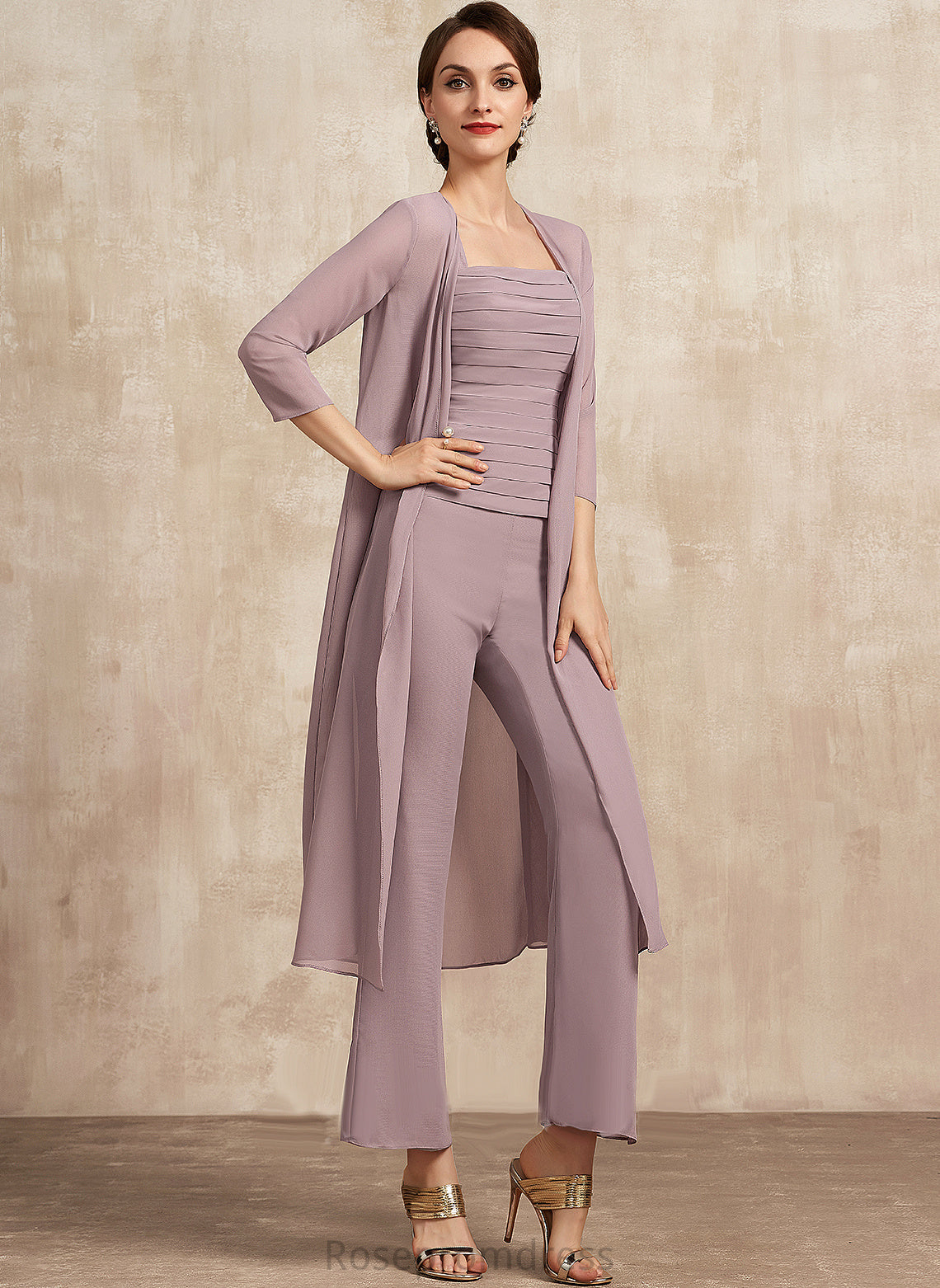 Mother of the Bride Dresses Jumpsuit/Pantsuit Bride Ankle-Length With the Neckline Ruffle Dress of Square Izabelle Chiffon Mother