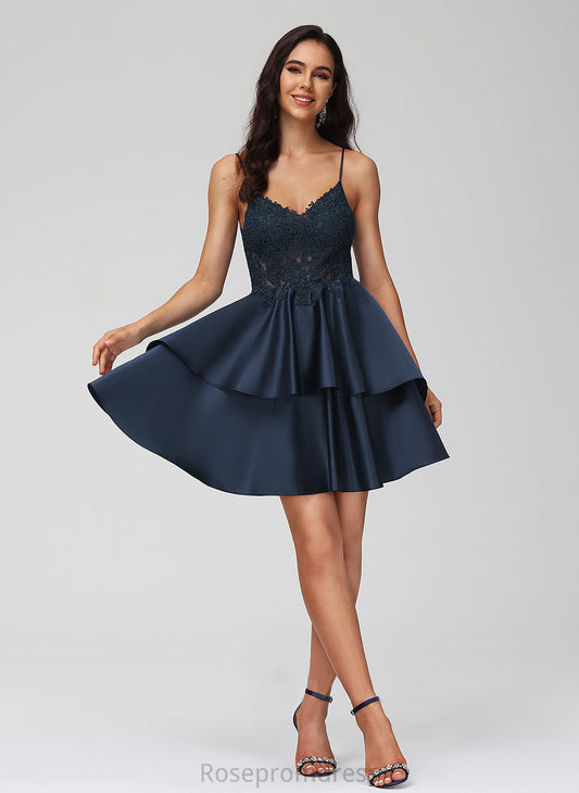 Dress V-neck Lace A-Line Julia Satin Homecoming Short/Mini With Homecoming Dresses