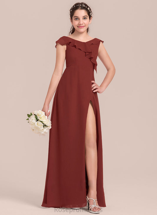 Chiffon Junior Bridesmaid Dresses With Gia Cascading Floor-Length Ruffles V-neck A-Line Split Front