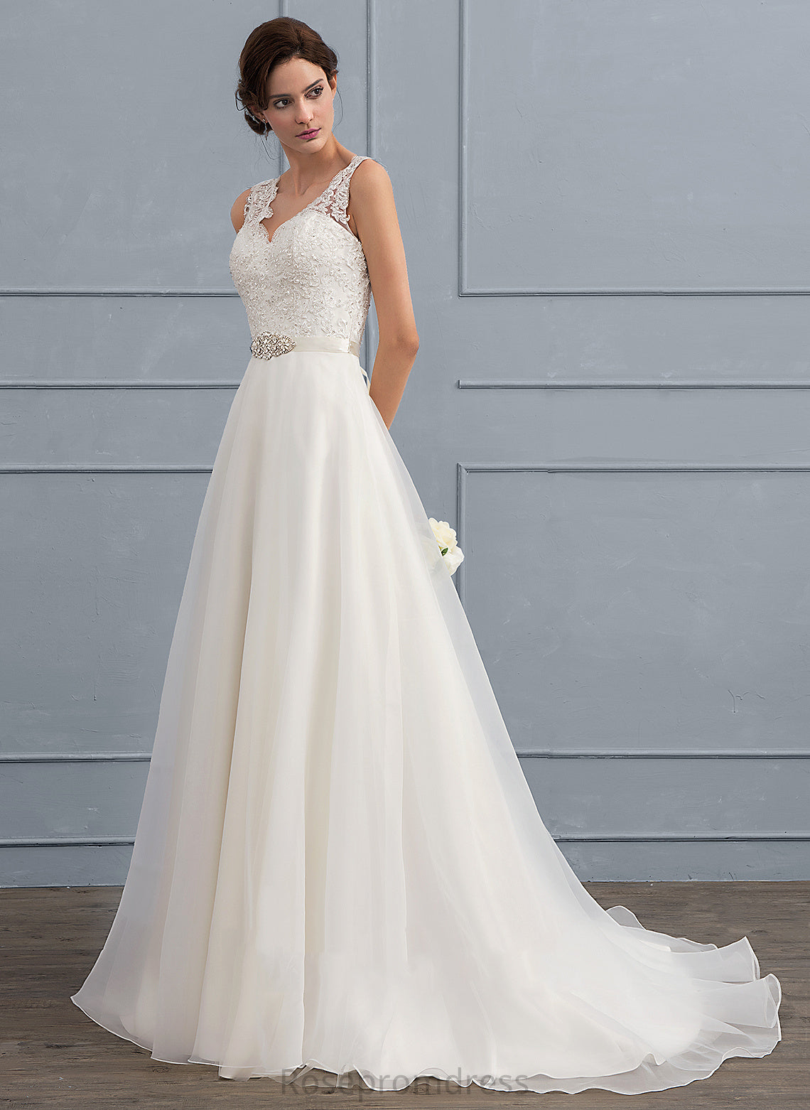 Wedding Dresses Allison A-Line Dress Sweep Beading Organza Lace With Bow(s) Wedding V-neck Train