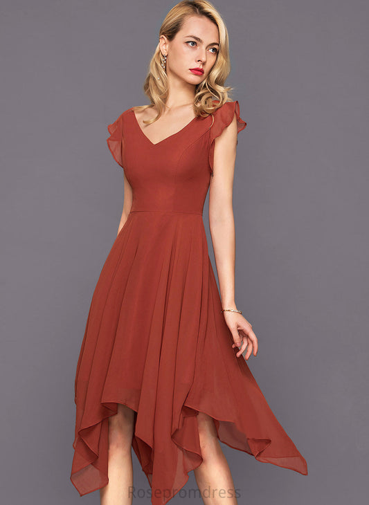 Ruffles V-neck Eliza With Cocktail Asymmetrical Cascading Cocktail Dresses Dress Chiffon A-Line