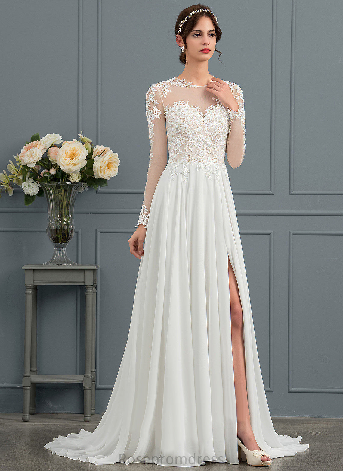 Split Lace Wedding Dresses Appliques Dress Chiffon Tulle Aimee Front Wedding Illusion With A-Line Train Sweep