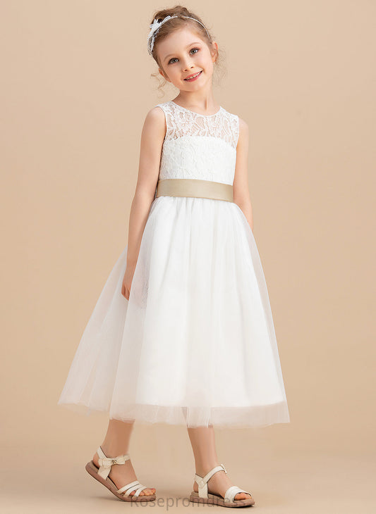 Girl Flower Hole With Jaylee Tulle/Lace Dress Tea-length Flower Girl Dresses Sash/Bow(s)/Back Sleeveless Scoop Neck A-Line/Princess