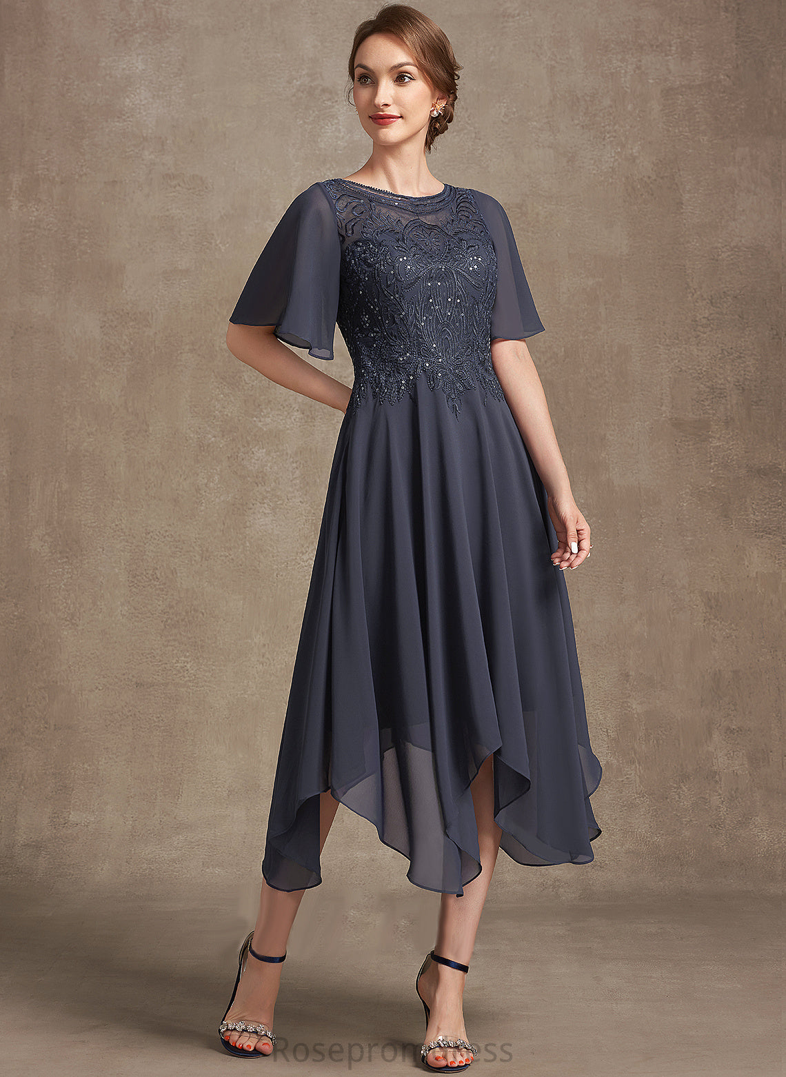 the Bride Scoop With Mother Mother of the Bride Dresses A-Line Lace Sequins Neck Dress Makaila of Tea-Length Chiffon