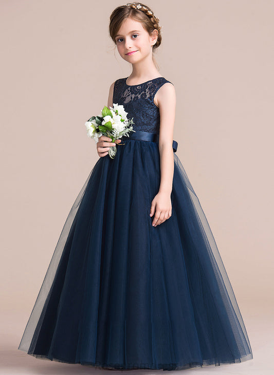 Karli Junior Bridesmaid Dresses Ball-Gown/PrincessScoopNeckFloor-LengthTulleJuniorBridesmaidDressWithSash#126265