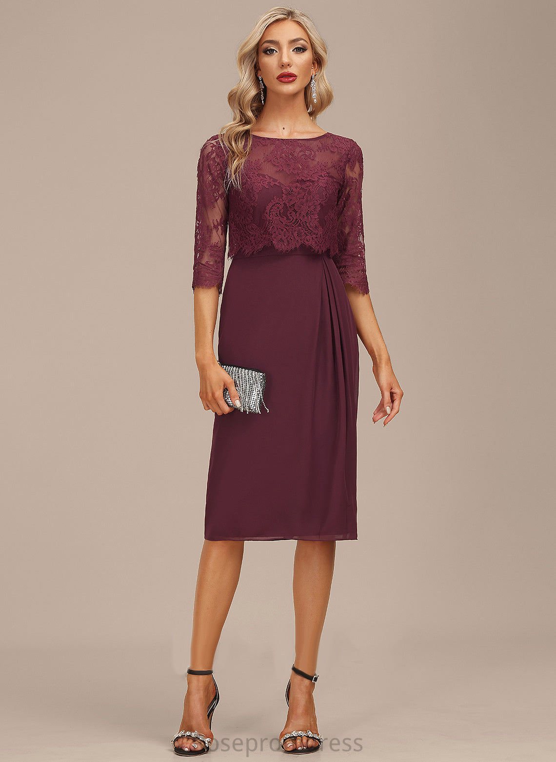 Cocktail Chiffon Scoop Cocktail Dresses Lace Dress Neck Sheath/Column Ruffle With Pearl Knee-Length