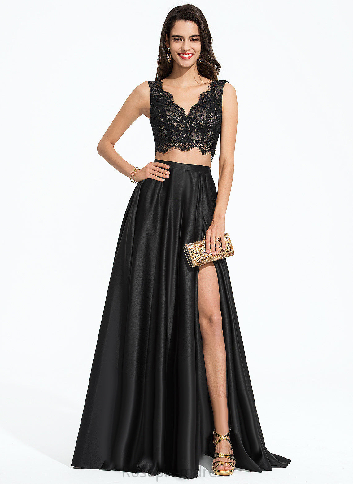 Prom Dresses Lace A-Line V-neck Satin Floor-Length Sanai