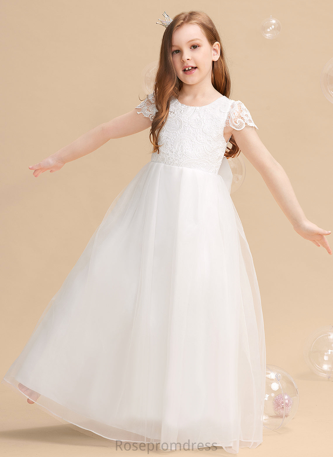 Floor-length Girl Dress Short Neck Tulle/Lace - Bow(s) Flower Ball-Gown/Princess Michaela Scoop Flower Girl Dresses Sleeves With