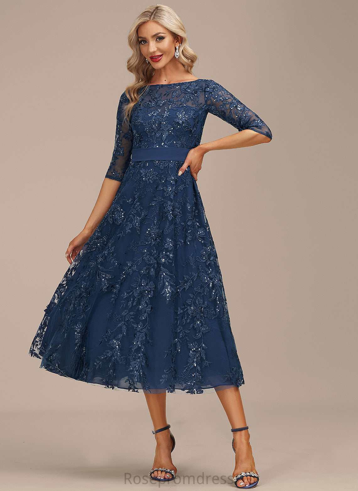 Cocktail Dresses A-Line Chiffon Tea-Length Dress Sequins Neck Lace Scoop Cocktail Tiffany With