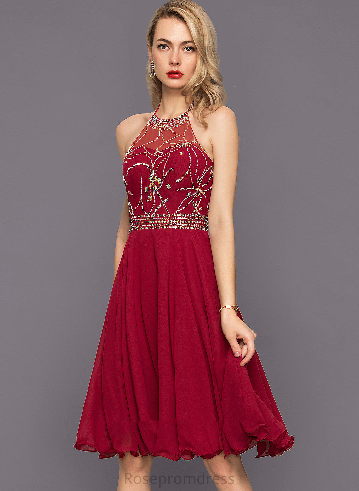 Cocktail Chiffon A-Line With Dress Beading Halter Sequins Cocktail Dresses Emily Knee-Length