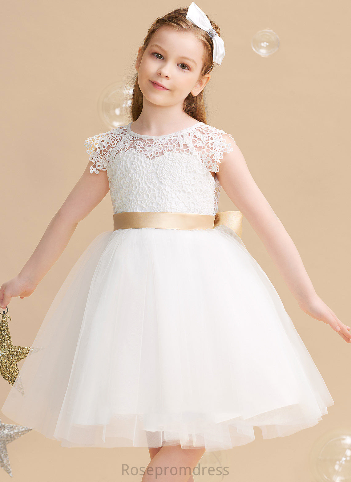 Short sash) Emma Flower Flower Girl Dresses Sash/Bow(s) Sleeves Scoop (Undetachable Tulle/Lace Girl Dress A-Line Neck Knee-length With