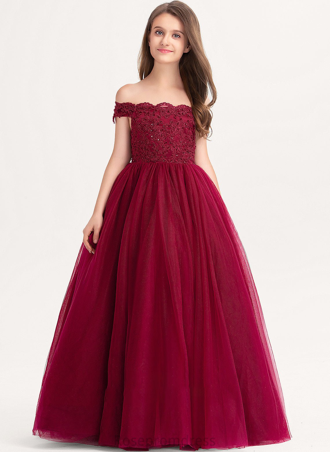 Junior Bridesmaid Dresses Greta Beading Tulle Floor-Length Off-the-Shoulder Lace Sequins Ball-Gown/Princess With