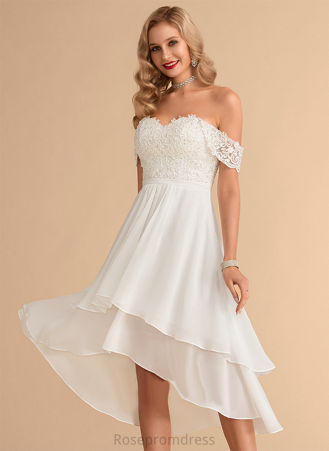 Sequins Lace Chiffon Dress Carly With Beading Wedding Asymmetrical Wedding Dresses A-Line Off-the-Shoulder