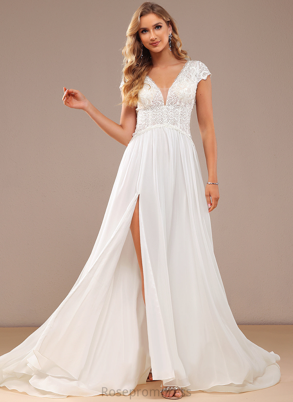 Alia Front Lace A-Line Sweep Train Split Dress Wedding V-neck Lace Wedding Dresses With Chiffon