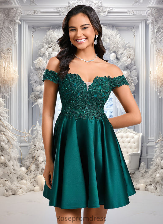 Lily A-line Off the Shoulder Short Lace Satin Homecoming Dress With Rhinestone DSP0025718