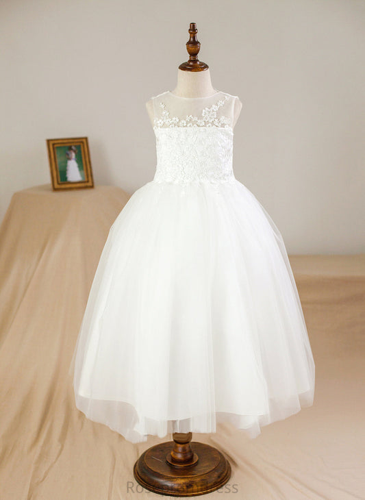 Neck With Girl Ankle-length Flower - Scoop Lara Ball Satin/Tulle Dress Gown Flower Girl Dresses Appliques Sleeveless