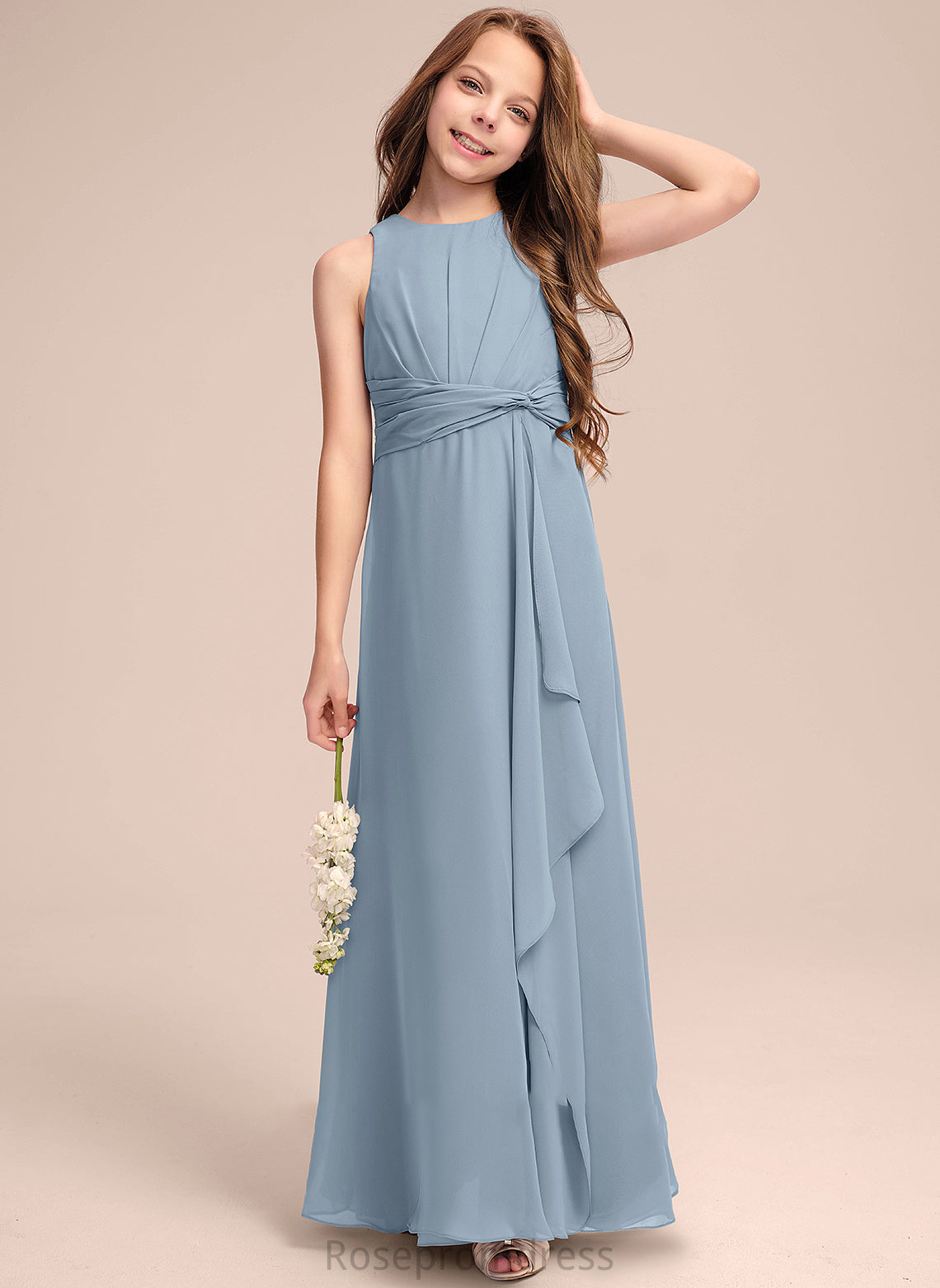 Junior Bridesmaid Dresses A-Line Kiara Neck Floor-Length Scoop Ruffles Cascading With Chiffon