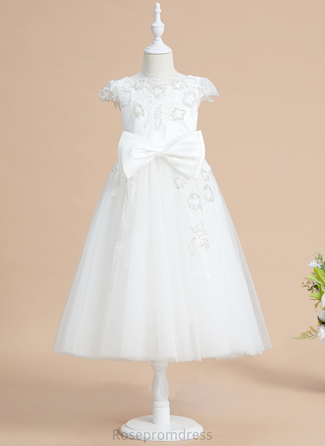 Scoop Girl A-Line Flower Girl Dresses Mylee With Sequins/Bow(s) Tulle/Lace Tea-length Sleeves Dress - Flower Short Neck