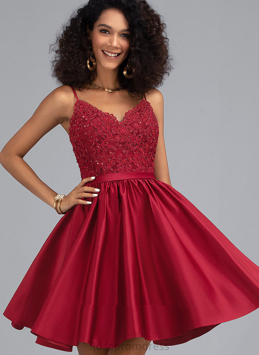 With V-neck Satin A-Line Dress Lace Beading Homecoming Homecoming Dresses Micah Short/Mini