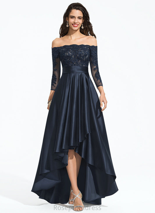 With Sequins Satin Ruffle Prom Dresses Off-the-Shoulder Lace A-Line Asymmetrical Avery