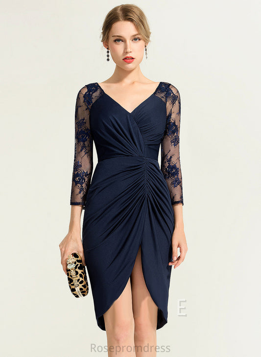 V-neck Lace Jersey Sheath/Column Asymmetrical With Cocktail Paola Dress Cocktail Dresses Ruffle