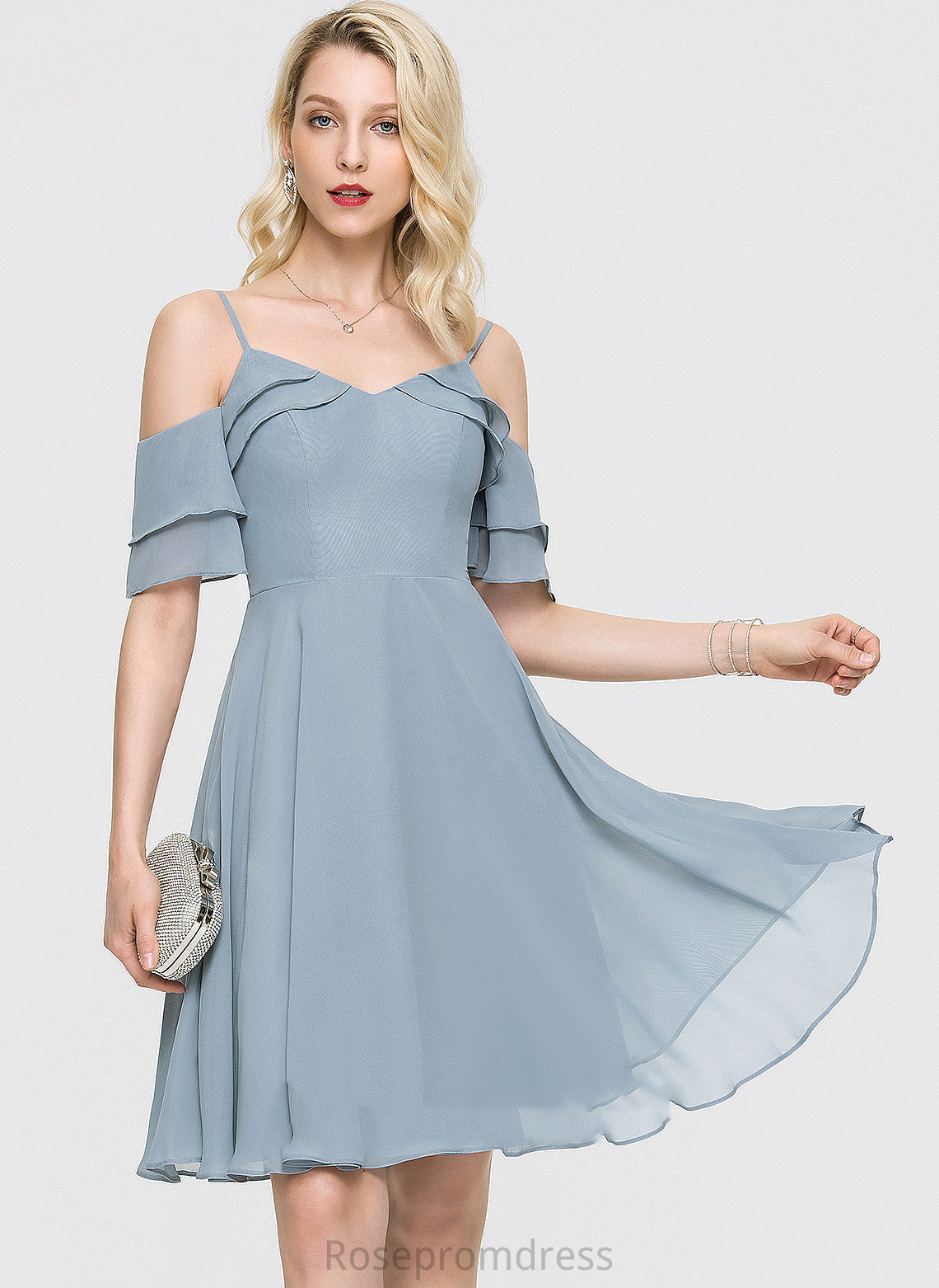 Homecoming Chiffon Knee-Length With Ruffles Cascading V-neck Dress A-Line Homecoming Dresses Hazel