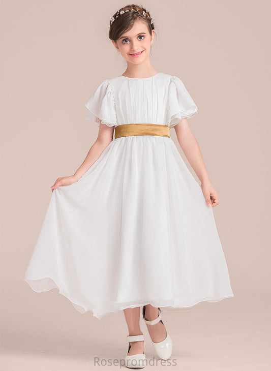 Chiffon/Charmeuse Girl Sash Bria Sleeves A-Line Short With Tea-length Flower Girl Dresses - Dress Neck Scoop Flower