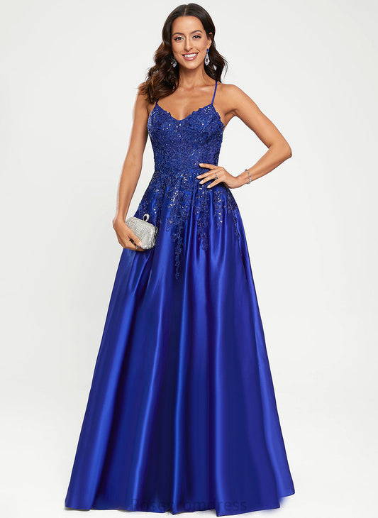 Floor-Length V-neck Prom Dresses Estrella Satin With Sequins A-Line