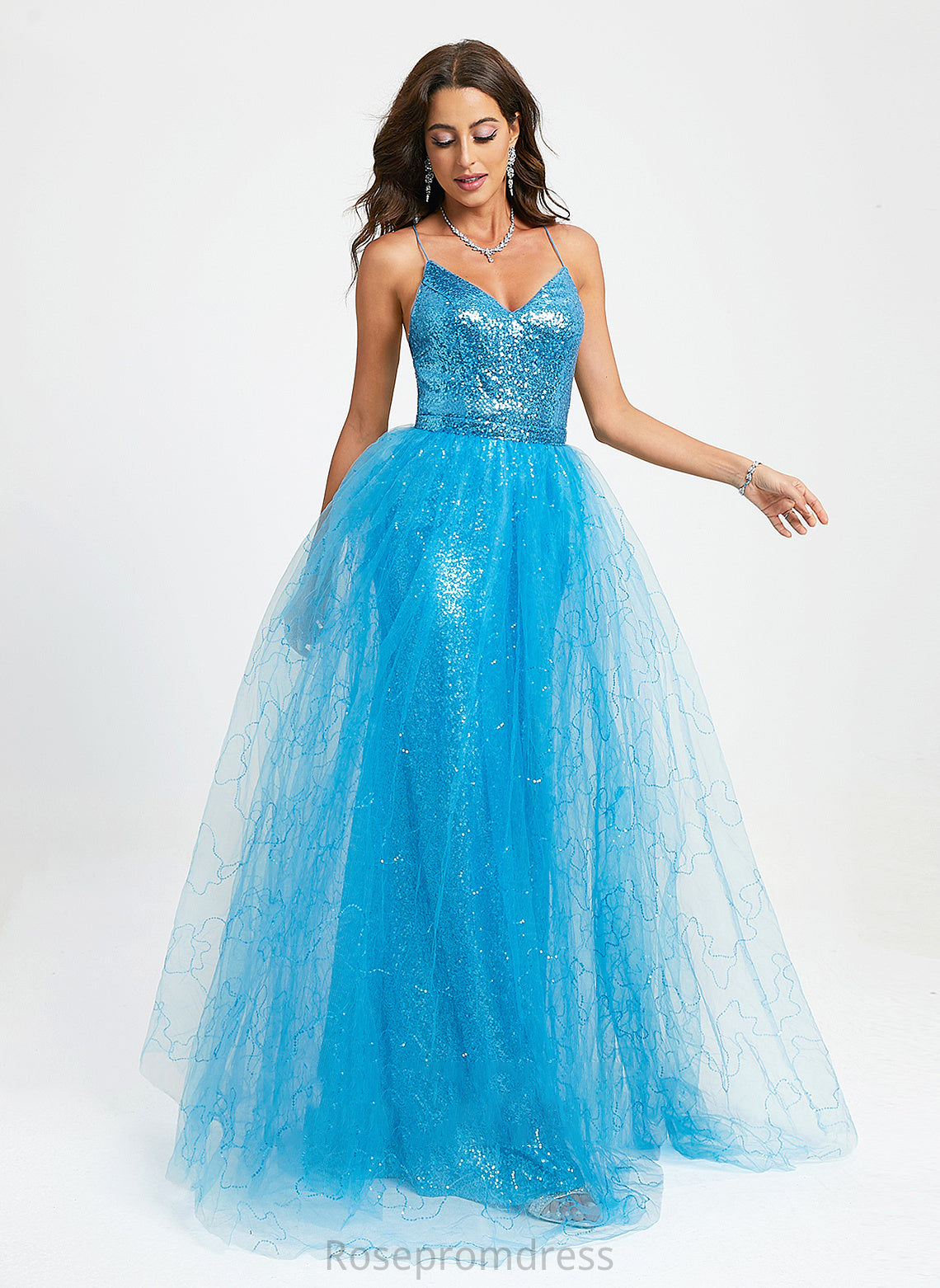 Sequins Floor-Length Tulle V-neck Audrey Ball-Gown/Princess With Prom Dresses