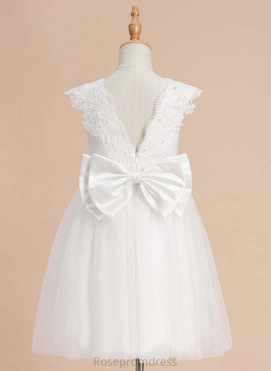 Girl Flower Girl Dresses A-Line With Tulle - Neck Flower Beading/Sequins/Bow(s) Serena Sleeveless Scoop Knee-length Dress