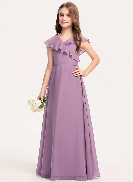 With Junior Bridesmaid Dresses A-Line Ruffles Floor-Length Bow(s) Cascading Chiffon Cloe V-neck