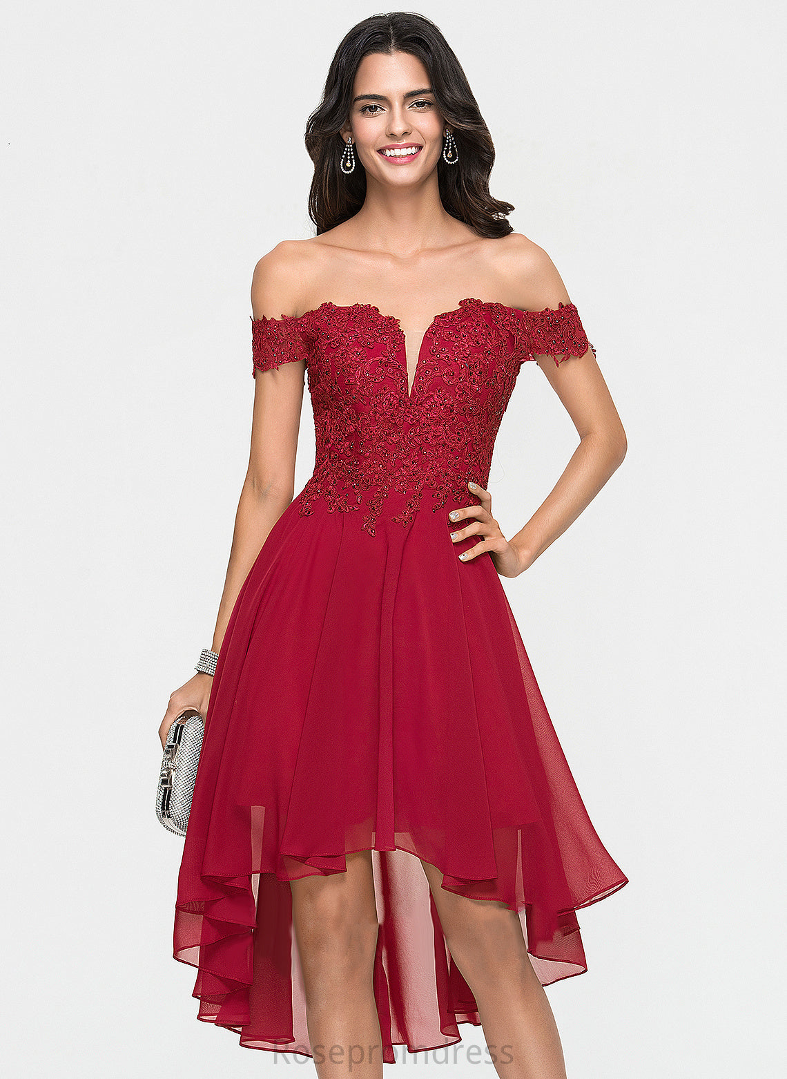 A-Line Chiffon Asymmetrical Lace Noelle Homecoming Dresses Homecoming Beading Off-the-Shoulder With Dress