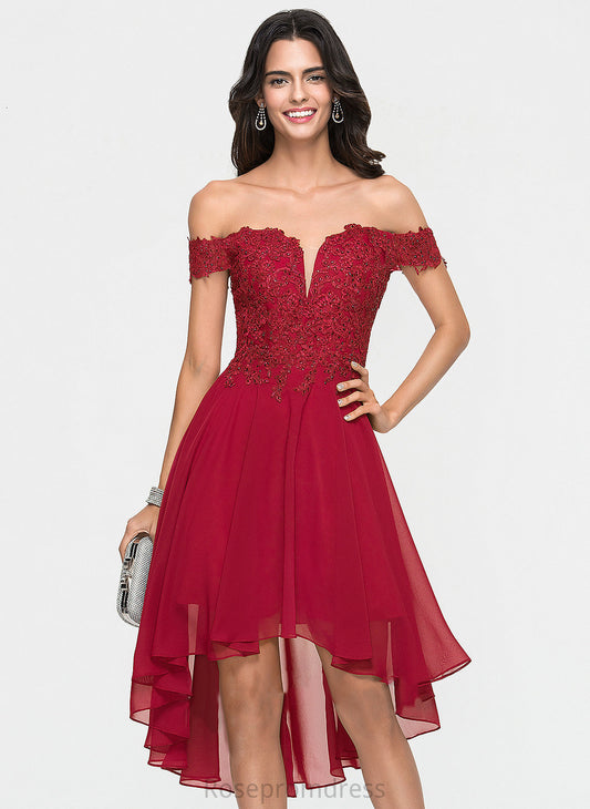 A-Line Chiffon Asymmetrical Lace Noelle Homecoming Dresses Homecoming Beading Off-the-Shoulder With Dress