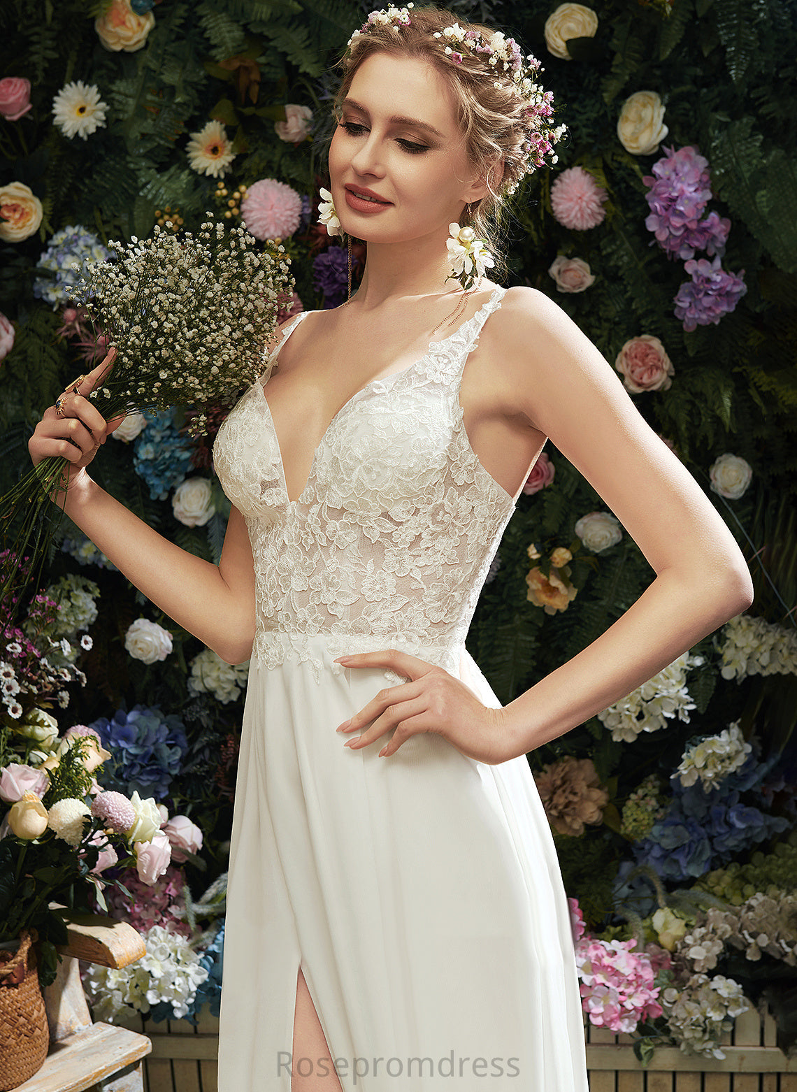 Allyson V-neck Wedding Dresses Lace A-Line Wedding Chiffon Floor-Length Dress