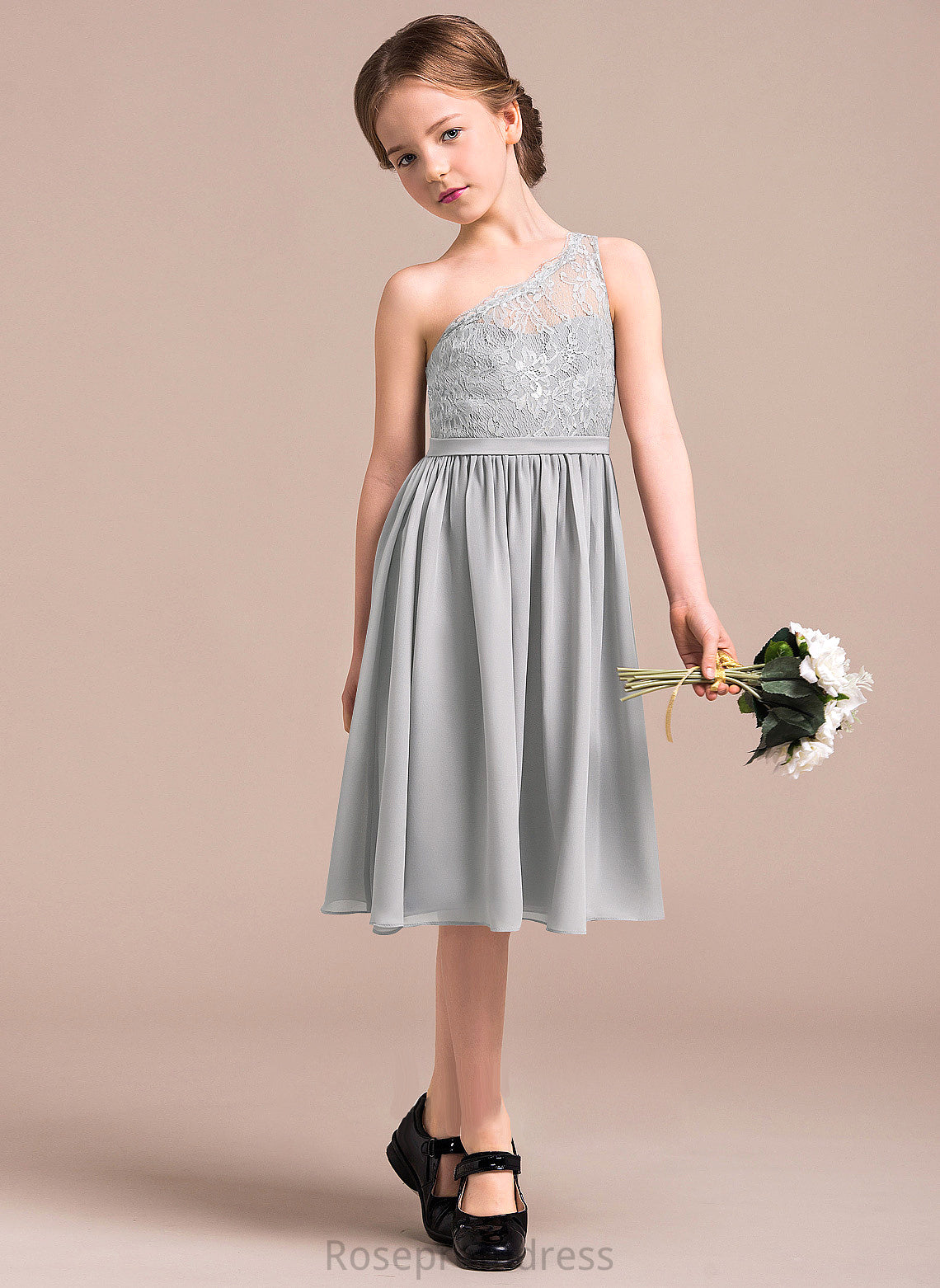 Chiffon One-Shoulder Knee-Length A-Line Harmony Junior Bridesmaid Dresses Lace